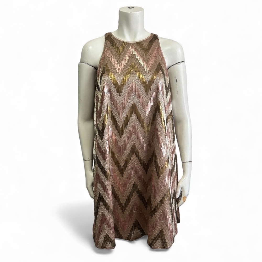 AIDEN MATTOX Rose Gold Chevron Sequin Shift Dress | Cruise Cocktail Glam Party - Picture 3 of 13